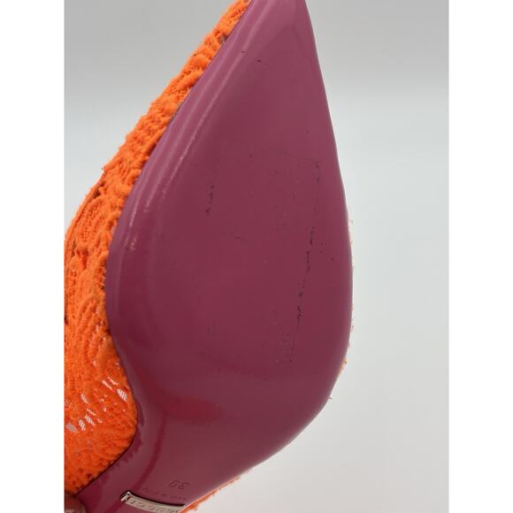 Gucci Mary Jane Heels Neon Orange Lace Size 39 Rhinestone Buckle Authentic - Picture 11 of 14